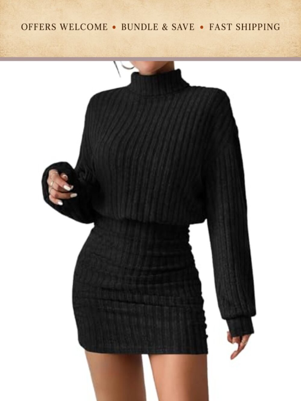Women's Mock Neck Sweater Dress Long Lantern Sleeve Bodycon Mini Pullover